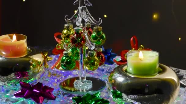 Glass Vase Lighting Colorful Balls Patterns Rotate Christmas Tree Branches — Stock Video