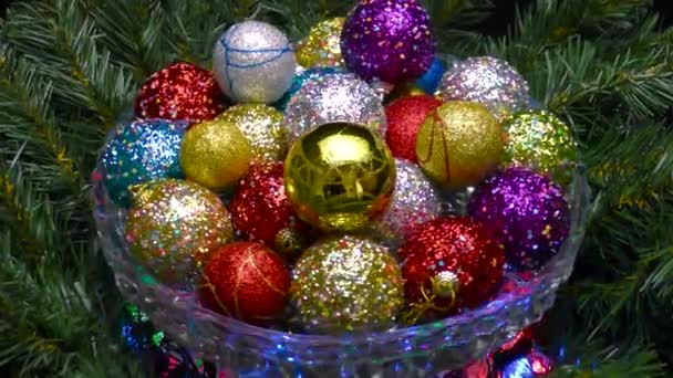 Glass Vase Lighting Colorful Balls Patterns Rotate Christmas Tree Branches — Stock Video