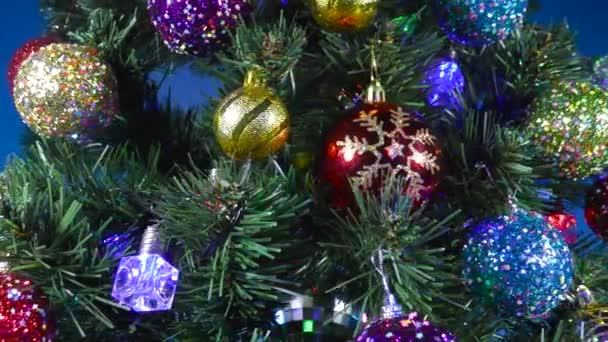 Weihnachten Bewegung Nahaufnahme Eines Großen Grünen Weihnachtsbaums Auf Blauem Hintergrund — Stockvideo