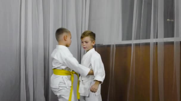 Two Little Athletes Perform Double Throw Grapple Exercises — Vídeos de Stock