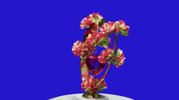 Modrém Pozadí Romantické Kompozice Květinami Srdcem — Stock video