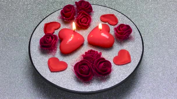 Romantic Arrangement Roses Burning Heart Shaped Candles Motion — Stock Video