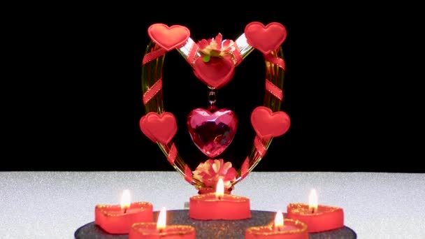 Background Romantic Composition Hearts Burning Candles Rotate — Stock Video