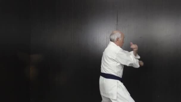 Oude Mannelijke Atleet Met Blauwe Gordel Traint Formele Karate Oefeningen — Stockvideo