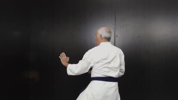 Oude Man Atleet Met Blauwe Riem Voert Formele Karate Oefeningen — Stockvideo