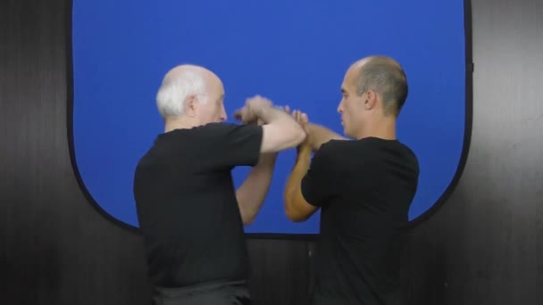 Zwei Athleten Trainieren Kung Wing Chun Übung Auf Blauem Hintergrund — Stockvideo