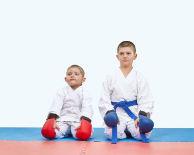 Kardeş sporcular karate pozunda minderlerin üzerinde oturuyorlar.