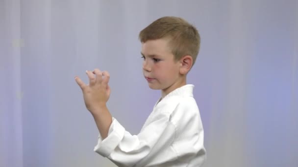 Malý Sportovec Karategi Vlaky Údery Světlém Pozadí — Stock video