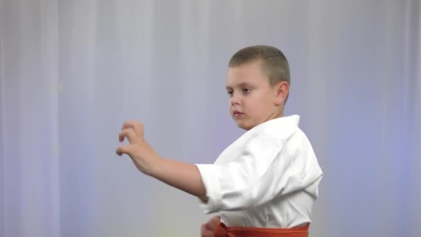 Pequeno Atleta Karategi Com Cinto Laranja Treina Socos Fundo Leve — Vídeo de Stock