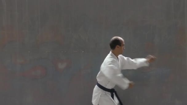 Young Sportsman Blue Belt Training Formal Exercise Light Wall Background — Vídeos de Stock