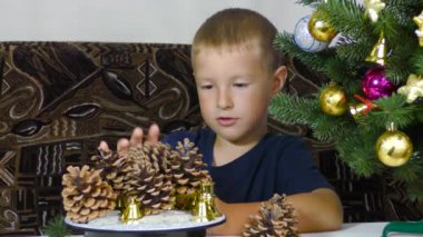 A little boy puts Christmas decorations on a spinning stand