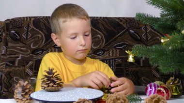 A little boy is playing with Christmas decorations near the Christmas tree