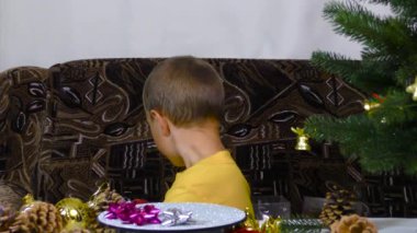 A little boy puts Christmas decorations on a spinning stand