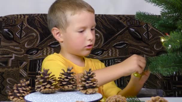 Маленький Мальчик Украшает Елку Рождественскими Украшениями — стоковое видео