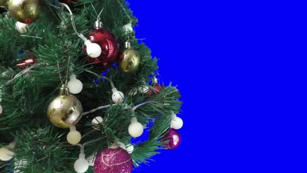 Blue Background Large Christmas Tree Decorated Flashing Lights Balls — Vídeos de Stock