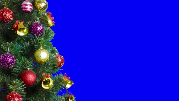 Blue Background Large Christmas Tree Decorated Flashing Lights Balls — Vídeo de stock