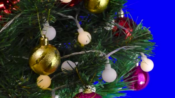 Blue Background Large Christmas Tree Decorated Flashing Lights Balls — ストック動画