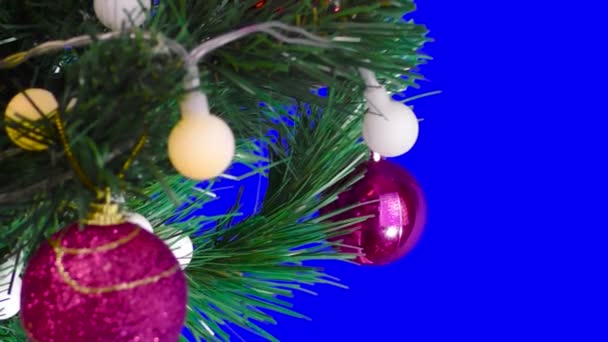 Blue Background Large Christmas Tree Decorated Flashing Lights Balls — Vídeo de stock