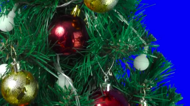 Blue Background Large Christmas Tree Decorated Flashing Lights Balls — Stock videók