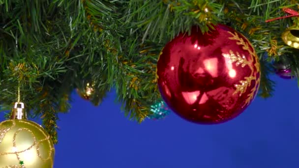 Gałęzie Choinkowe Ozdobione Dekoracjami Świątecznymi Obracają Się Niebieskim Tle — Wideo stockowe