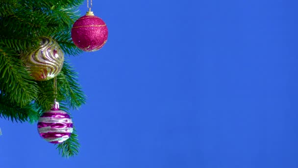 青い背景に クリスマスの装飾クロマキーを持つ枝 — ストック動画