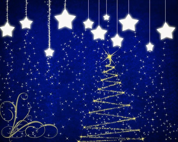 Nieuwjaar achtergrond met sterretjes en zwarte kerstboom. — Stockfoto