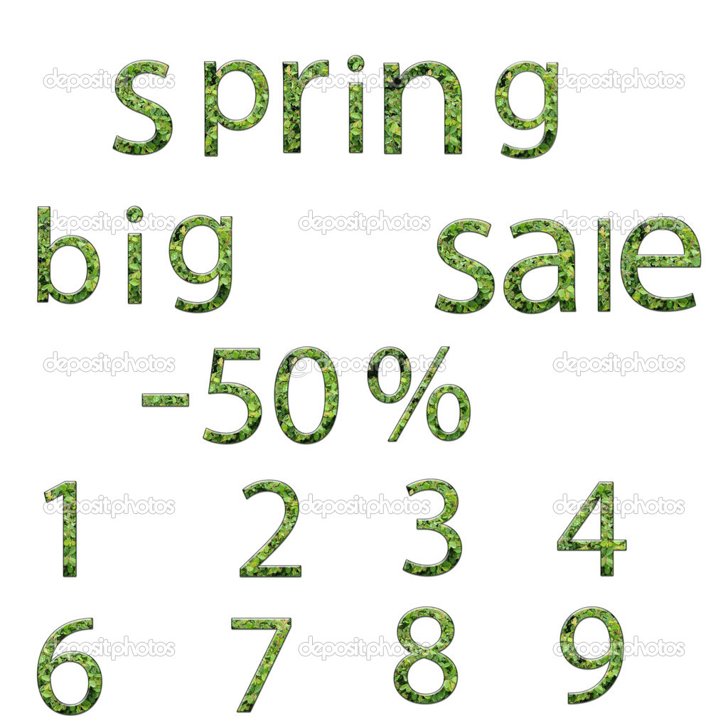 Spring sale words and numbers whit leaves.