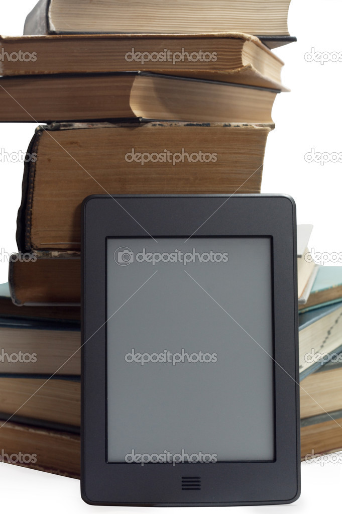 STACK OF BOOKS AND ELECTRONIC BOOK READER.