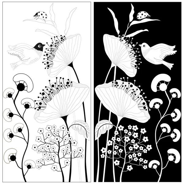 Siyah ve beyaz çiçekler — Stok Vektör