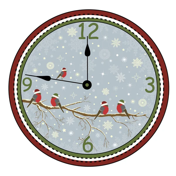 Relógio de Natal com pássaro no ramo — Vetor de Stock