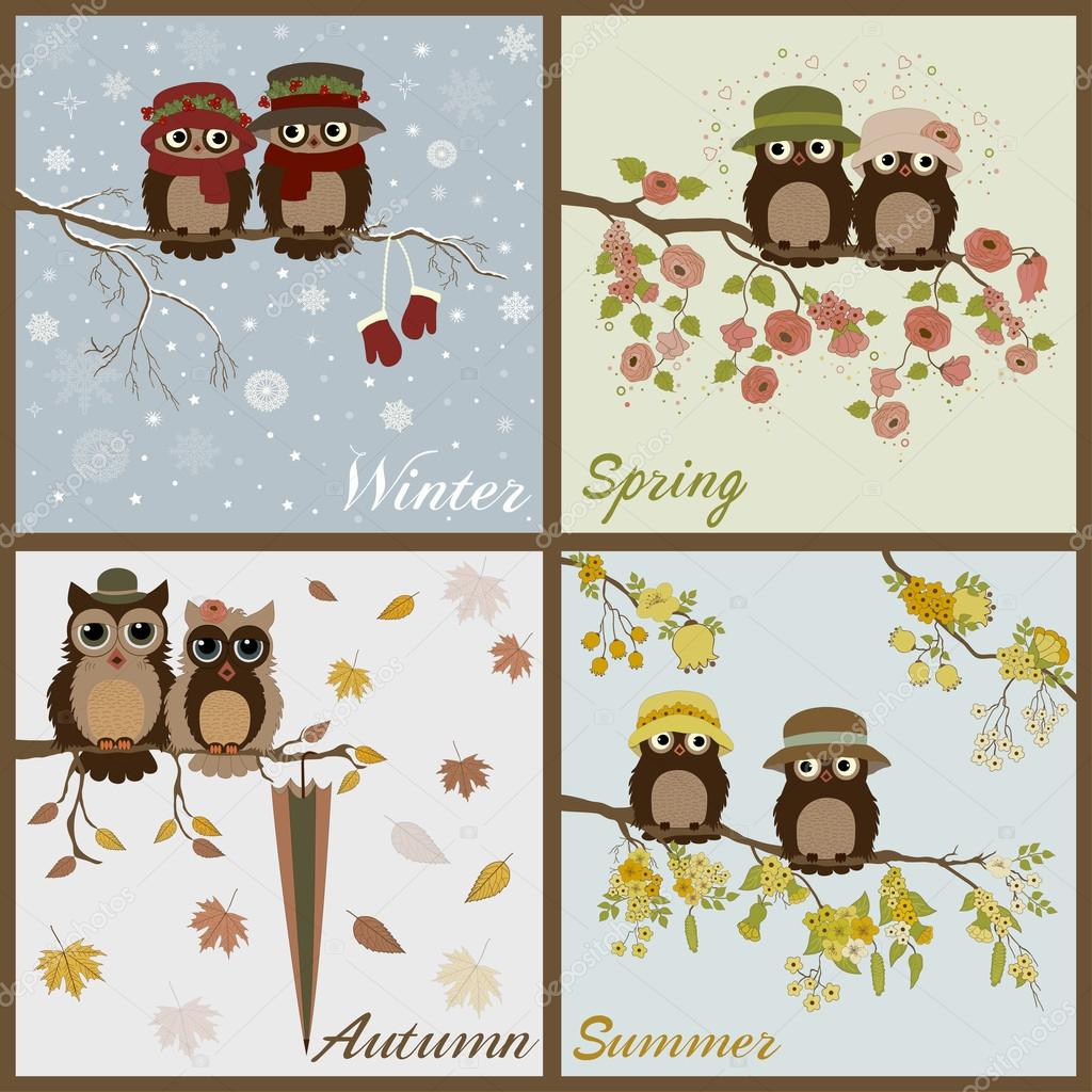 Owls in four seasons- spring, summer, autumn, winter