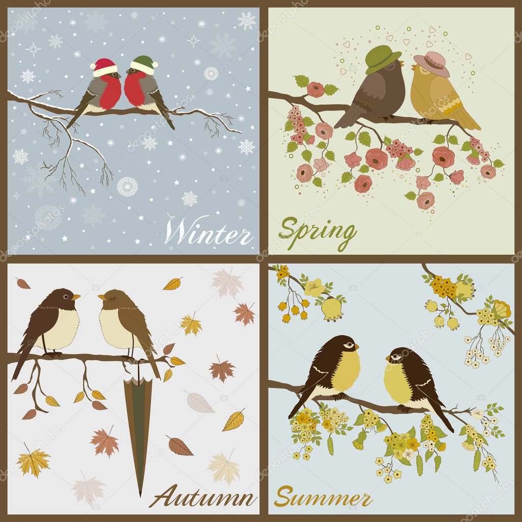 Birds in four seasons- spring, summer, autumn, winter