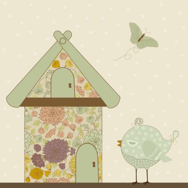 Cute bird and floral house clipart