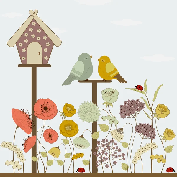 Lindos pájaros y casa floral — Vector de stock