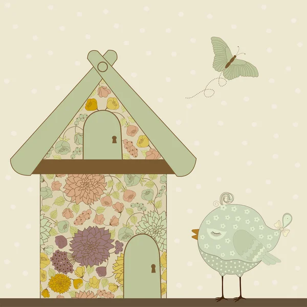 可爱的鸟和花的房子 — 图库矢量图片
