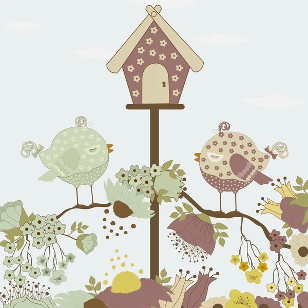 可爱的小鸟和花卉的房子 — 图库矢量图片