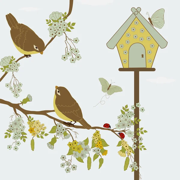 Vögel am Ast und Schmetterlinge im Garten — Stockvektor