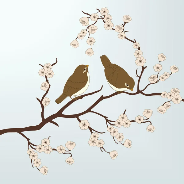 Birds on branch with flowers — Stock Vector