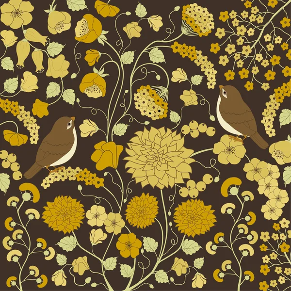 Blumenmuster mit gelben Blüten und Vogel — Stockvektor