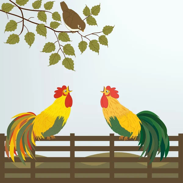 Two cocks on the fence — Stock Vector