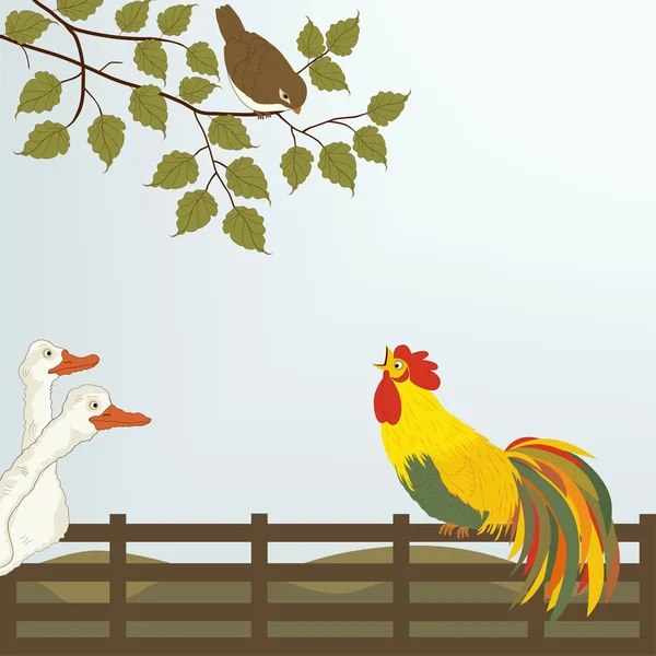 A cock on the fence with gooses — Stock Vector