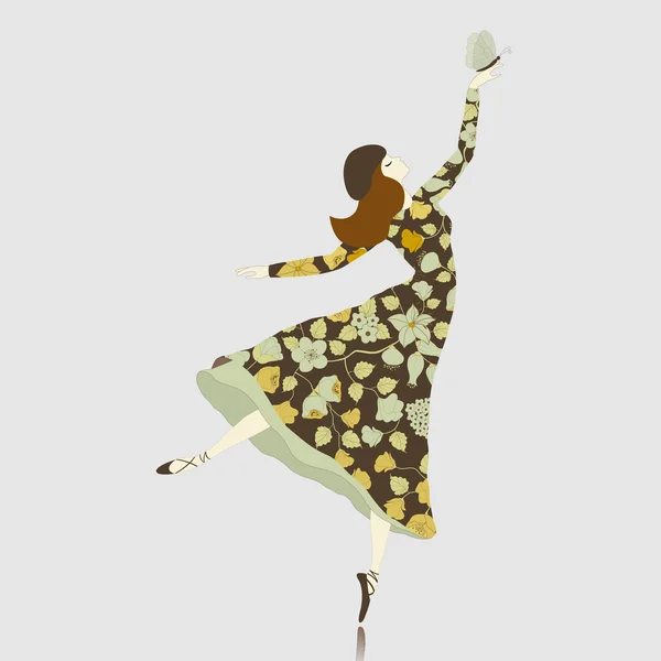 Danseuse en robe florale avec papillon — Image vectorielle