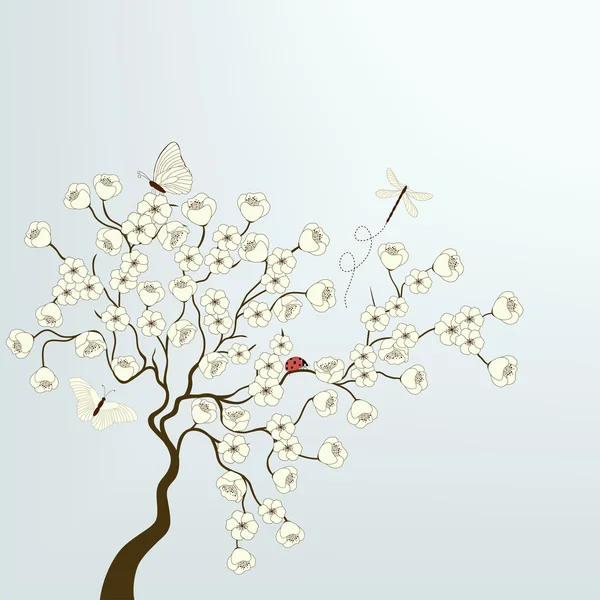 Baum mit weißen Blumen und Schmetterlingen — Stockvektor