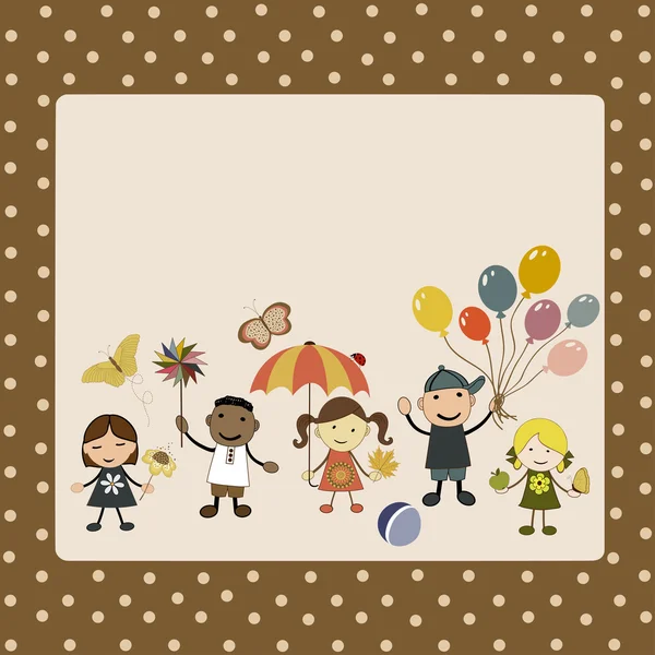 Biglietto di auguri con simpatici bambini dei cartoni animati felici — Vettoriale Stock