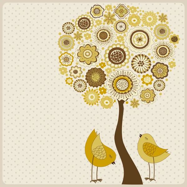 Gratulationskort med abstrakt färgglada träd och fåglar — Stock vektor