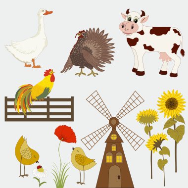 Gristmill, sunflowers with domestic animals clipart