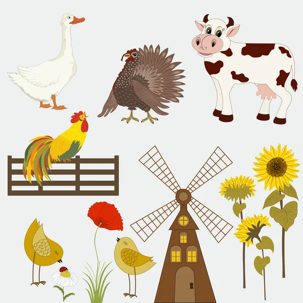 Frantoio, girasoli con animali domestici — Vettoriale Stock