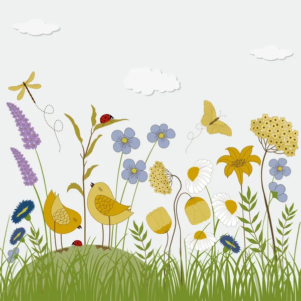 Fondo floreale con uccelli, farfalle e fiori — Vettoriale Stock