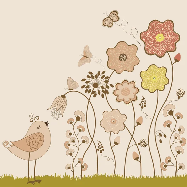 Fleurs abstraites avec papillons et oiseaux — Image vectorielle