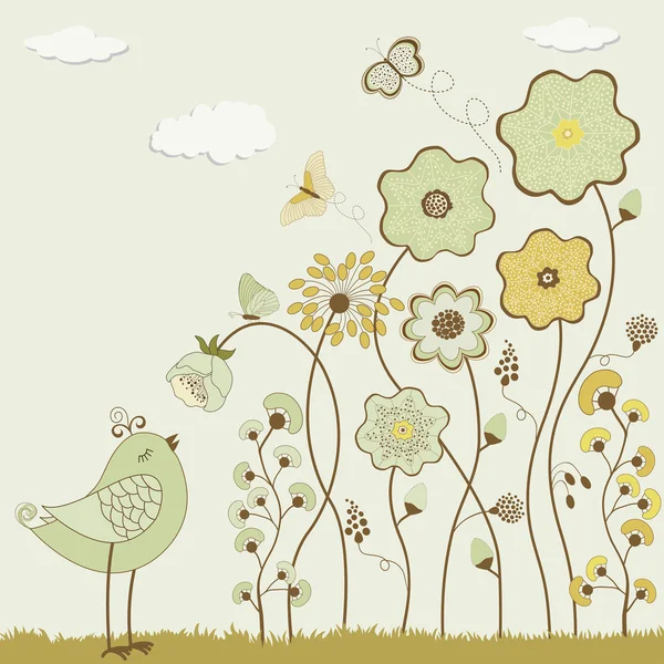 Fleurs abstraites avec papillons et oiseaux — Image vectorielle